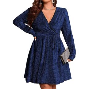 RED DOT BOUTIQUE Plus Size Long Sleeves Wrapped V Neck Glitter Stretchy A-Line Style Cocktail Evening Club Dress