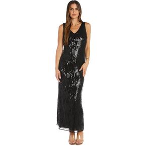 R&M Richards Long Sleeveless Fringe Sequined Column Dress