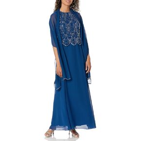 J Kara Women's Petite Sleeveless Beaded Pop Over Dress with Scarf