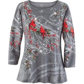 Collections Etc Winter Berry Red Birds Sequin Holiday Top