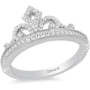 Jewelili Enchanted Disney Fine Jewelry Sterling Silver 1/4 Cttw Diamond Disney Princess Tiara Ring.
