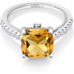 Gem Stone King 925 Sterling Silver Yellow Citrine and White Created Sapphire Ring For Women (3.87 Cttw, Cushion 10MM, Gemstone Birthstone, Available in size 5, 6, 7, 8, 9)