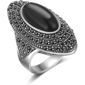 Black Rings for Women Vintage Wide Ring Black Onyx Ring Trendy Cocktail Statement Rings Crystal Retro Marcasite Jewelry