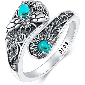 Bee Spoon Rings with Genuine Turquoise, Sterling Silver Vintage Boho Sunflower Thumb Rings Native American Antique Floral Jewelry Gifts for Women, Adjustable Size Fit for 6 7 8