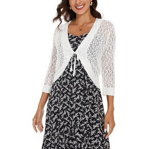 Women's 3/4 Sleeve Tie Open Front Bolero Shrug Lightweight Knit Hollow Out Cropped Cardigan