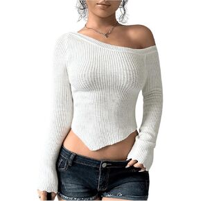 MakeMeChic Women's Off The Shoulder Sweater Y2k Fitted Lightweight Cropped Sweaters Knit Tops