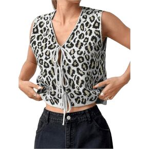 Verdusa Women's Sweater Vest Cropped Top Bow Tie Knot Sleeveless Leopard Print V Neck Fall Outfits