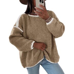 Flygo Oversized Sweaters for Women Long Sleeve Crew Neck Trendy Fall Sweaters Colorblock Chunky Knit Pullover