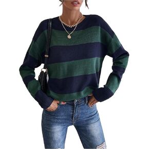 MakeMeChic Women's Striped Sweaters Colorblock Crew Neck Long Sleeve Casual Pullover Tops