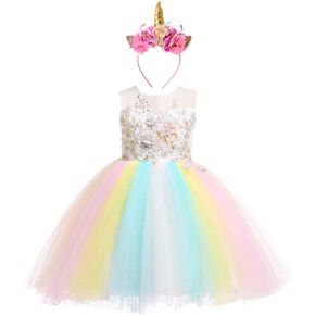 Weileenice Flower Girl Tulle Dress with Headband 3D Embroidery Beads Rainbow Kids Pageant Birthday Wedding Party Dresses