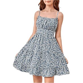 Girl's Summer Dress Floral Ruffle Hem Spaghetti Strap Ruched Bust Cami Short Dress Sundress