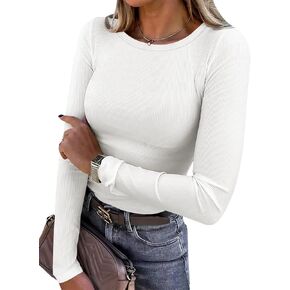 Womens Long Sleeve Stretch Crewneck Ribbed T-Shirt Fitted Casual Basic Tops