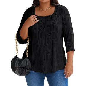 Beautife Womens Plus Size Tunic Tops Work Casual 3/4 Sleeve Textured Square Neck Shirts Blouse