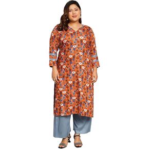 Tissu Women's Plus Size Orange & Blue Printed Kurta with Palazzo