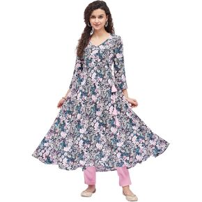 Tissu Women's Rayon Multicolored Floral Printed Angrakha Kurta