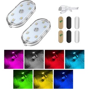 4 PCS LED Lights Interior Wireless, 7 Colors Sticky Car Night Reading USB Wireless LED Lamp, Mini Rechargeable Vehicle Ambient LED Light with 6 Bright Beads, Car Accessories