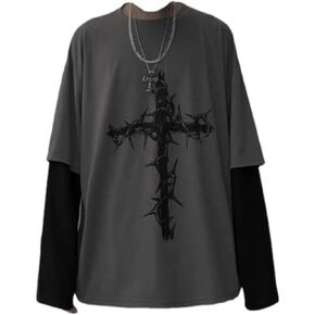 Grunge Gothic Clothes Harajuku Fashion Alt Emo Clothing Oversized Casual Long Sleeves Crewneck T-Shirt Tee Streetwear