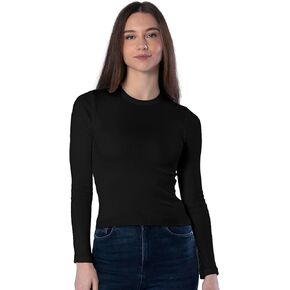 Women Long Sleeve Top Slim Fit Crew Neck Cotton Ribbed T-Shirts Stretchy Basic Tees, Comfy Trendy Solid (One Size S-M)