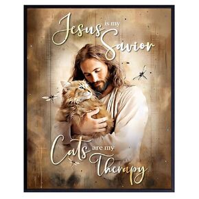 Christian Decor, Cat Wall Art & Decor - Jesus Christ, Cat Lover, Cute Cat, Christian Poster - Christian Gifts for Girls, Cat Mom - spiritual Religious art Christian Quote- Rustic Farmhouse Home Decor
