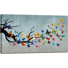 sechars Vintage Wall Art Canvas Colorful Butterfly on Teal Background Paintings Art Prints Butterflies Artwork Framed for Home Bedroom Dining Room Wall Decoration Ready to Hang 20x36