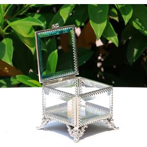 Square vintage glass lace jewelry box, 3.8x3.8x3.5 inches, commemorative box for rings, bracelets, accessories, etc. (silver)