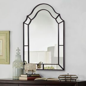 Modern Decorative Wall Mirror, 36'' x 24'' Black Arched Mirror with Metal Frame, Elegant Scalloped Mirror for Living Room, Bathroom, Entryway