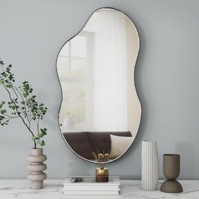 SHYFOY HYFOY Asymmetrical Decorative Wall Mirror, Irregular Mirrors for Wall Decor, Black Metal Frame, Wavy Wall Mirror for Living Room Abstract Mirror 20"x32" Large Puddle Mirror
