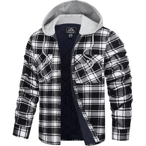 TACVASEN Mens Flannel Jacket with Hood Thick Plaid Flannel Shirts Quilted Lined Long Sleeve Winter Cotton Coat Button Down