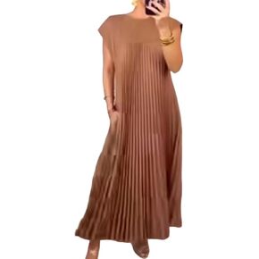 Yimoon Women's Pleated Maxi Dress Casual Summer Sleeveless Dresses Crew Neck Solid Color Long Dress with Pockets