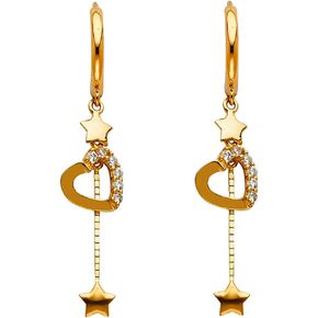 14k REAL Yellow Gold Heart & Star CZ Drop Earrings