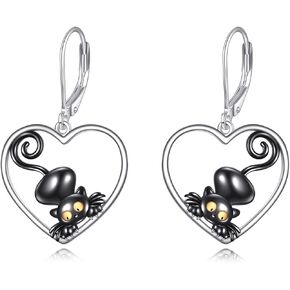 Black Cat Drop Dangle Earrings 925 Sterling Silver Lever Back Cat Jewelry for Girls Women Christmas Gifts