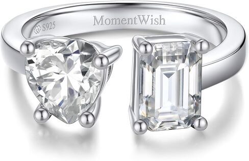 MomentWish خاتم الخطوبة، خاتم وعد المويسانتي للنساء، حلقات Toi Et Moi على شكل قلب وزمرد، خاتم زفاف من الفضة الإسترليني عيار 925 قابل للتعديل (2 قيراط، VVS1) in Kuwait