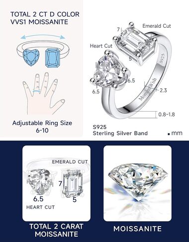 MomentWish خاتم الخطوبة، خاتم وعد المويسانتي للنساء، حلقات Toi Et Moi على شكل قلب وزمرد، خاتم زفاف من الفضة الإسترليني عيار 925 قابل للتعديل (2 قيراط، VVS1) in Kuwait