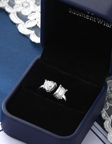 MomentWish Engagement Ring, Moissanite Promise Ring for Women, Heart and Emerald Cut Toi Et Moi Rings, Adjustable 925 Sterling Silver Wedding Ring (2Carat, VVS1) in Saudi Arabia