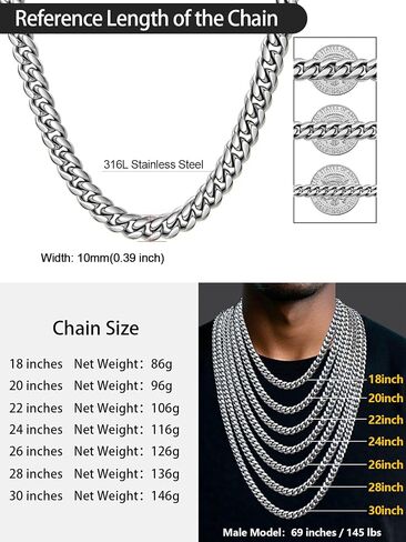 Stainless Steel Cuban Chain Necklace for Men Women, Real Gold/Black Plated Durable Chains, 6/10/12mm width,18"-30" Length Jewelry Gift in Kuwait