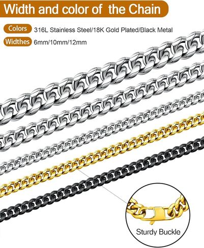 Stainless Steel Cuban Chain Necklace for Men Women, Real Gold/Black Plated Durable Chains, 6/10/12mm width,18"-30" Length Jewelry Gift in Kuwait
