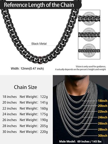 Stainless Steel Cuban Chain Necklace for Men Women, Real Gold/Black Plated Durable Chains, 6/10/12mm width,18"-30" Length Jewelry Gift in Kuwait