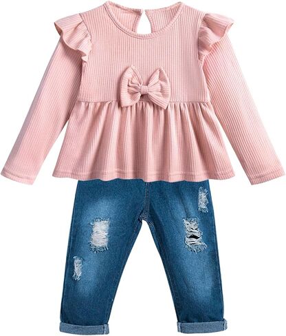 Toddler Baby Girl Clothes Outfit Infant Denim Clothing Ruffle Sleeve Top Ripped Jeans Pants 2 Piece Sets in Kuwait