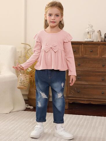 Toddler Baby Girl Clothes Outfit Infant Denim Clothing Ruffle Sleeve Top Ripped Jeans Pants 2 Piece Sets in Kuwait