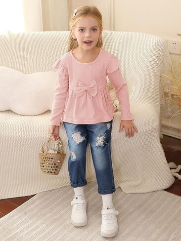 Toddler Baby Girl Clothes Outfit Infant Denim Clothing Ruffle Sleeve Top Ripped Jeans Pants 2 Piece Sets in Kuwait