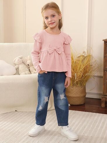 Toddler Baby Girl Clothes Outfit Infant Denim Clothing Ruffle Sleeve Top Ripped Jeans Pants 2 Piece Sets in Kuwait