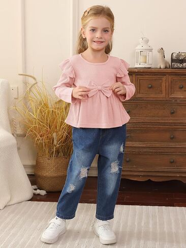 Toddler Baby Girl Clothes Outfit Infant Denim Clothing Ruffle Sleeve Top Ripped Jeans Pants 2 Piece Sets in Kuwait