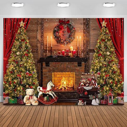 Mocsicka 10x8ft Christmas Backdrops for Photography Vintage Christmas Fireplace Xmas Tree Toy Bear Merrt Christmas Backdrop for Family Holiday Party Supplies Photo Background in Saudi Arabia