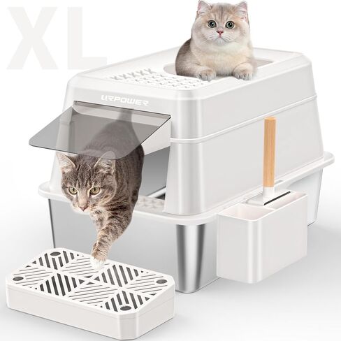 URPOWER Stainless Steel Cat Litter Box with Lid Extra Large Enclosed Litter Box for Cat Non-Sticky Metal Litter Pan High Sided Kitty Litter Box with Scoop，Front & Top Entry, Anti-Leakage，Easy Cleaning in Saudi Arabia