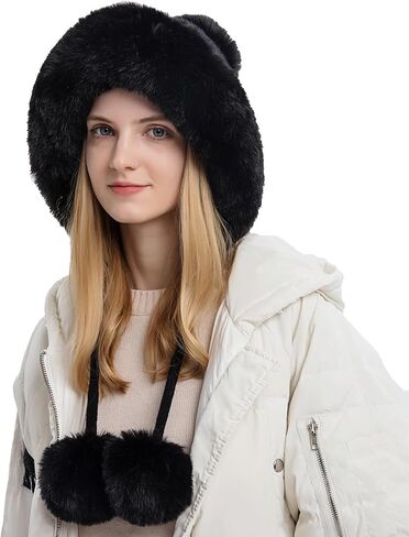 Womens Faux Fur Hat with Fluffy Pompom for Winter Fuzzy Knitted Beanies Skull Cap Warm Earflaps Cold Weather Cute in Kuwait