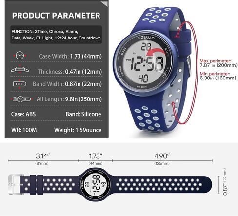 Digital Watch Mens Womens, Unisex 10ATM Waterproof Watch for Swimming Soft Double Injected Silicone Band, Sport Watches with Stopwatch Alarm Countdown Dual Time Mutifunction in Kuwait