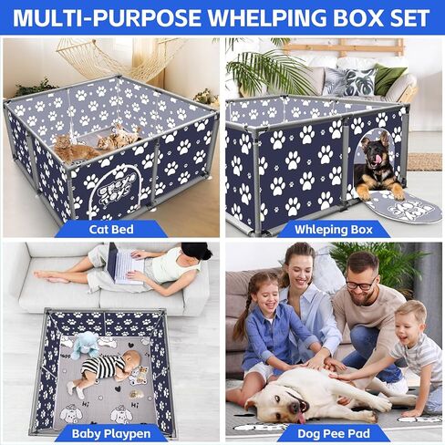 2024 Upgraded Whelping Box for Dogs,24.8’’Extra Tall Dog Whelping Pen with Whelping Pad,Dog Whelping Supplies for Dogs Puppies,Whelping Box for Large Small Breed Dogs(47" Dia.x24.8 H) (Grey) in Kuwait