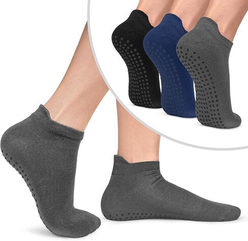 Iseasoo 3 Pairs Non Slip Grip Socks for Men Anti-Skid Gripper Socks Low Cut Cushioned Athletic Socks for Yoga, Pilates in Saudi Arabia