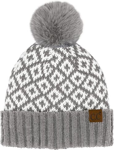C.C Diamond Pattern Fur Pom Beanie for Women Unisex - Acrylic Stretchable Soft Warm with Faux Fur Pom Knit Winter Skully Hat in Kuwait