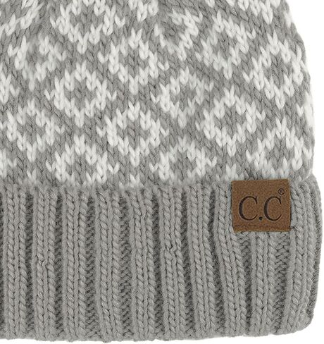 C.C Diamond Pattern Fur Pom Beanie for Women Unisex - Acrylic Stretchable Soft Warm with Faux Fur Pom Knit Winter Skully Hat in Kuwait